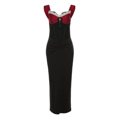 V neck lace hem corset ruched maxi dress