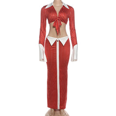 Long sleeve turnover collar striped print maxi skirt set