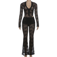 Long sleeve v neck lace pant set
