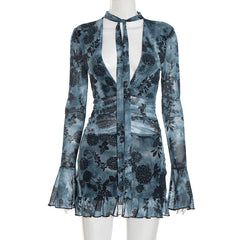 V neck long flared sleeve mesh flower print mini dress