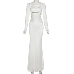 Long sleeve hollow out solid cut out maxi dress