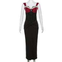 V neck lace hem corset ruched maxi dress