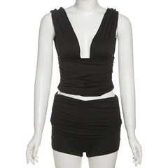 V neck ruched solid short pant set