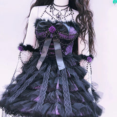 Bowknot mesh ruffle fluffy gloves mini dress