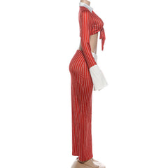 Long sleeve turnover collar striped print maxi skirt set