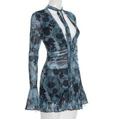 V neck long flared sleeve mesh flower print mini dress
