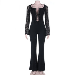 Long sleeve halter lace up lace jumpsuit
