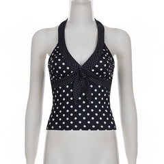 Halter v neck polka dot backless top