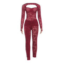 Long sleeve ruched hollow out lace pant set