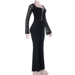 Long sleeve halter lace up lace jumpsuit
