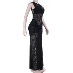 Crewneck sleeveless ruched lace maxi dress