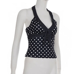 Halter v neck polka dot backless top