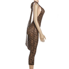 Halter backless leopard print jumpsuit