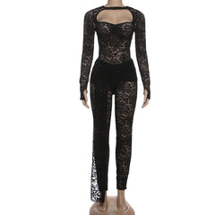 Long sleeve ruched hollow out lace pant set