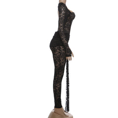 Long sleeve ruched hollow out lace pant set