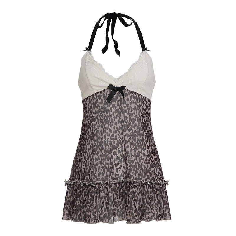 Halter v neck bowknot leopard print mesh mini dress