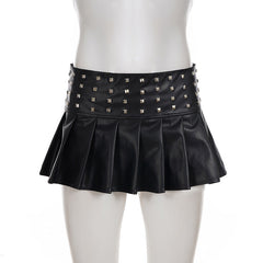 Pleated rivet PU leather mini skirt