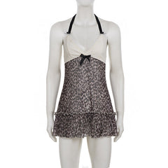 Halter v neck bowknot leopard print mesh mini dress