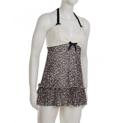 Halter v neck bowknot leopard print mesh mini dress