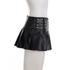 Pleated rivet PU leather mini skirt