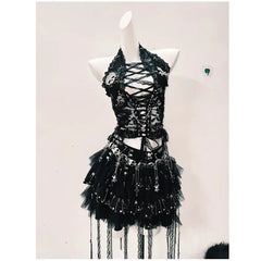Halter skull beaded lace up lace mesh backless top