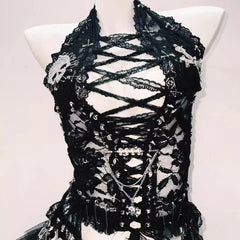 Halter skull beaded lace up lace mesh backless top