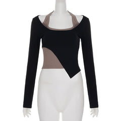 Long sleeve halter u neck patchwork top