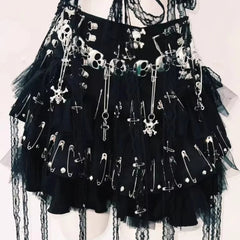 Halter skull beaded lace up lace mesh backless top