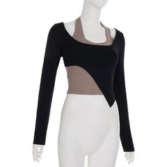 Long sleeve halter u neck patchwork top