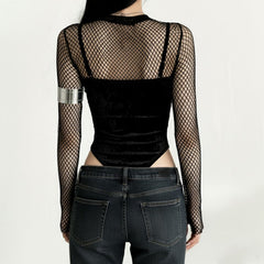 Long sleeve fishnet velvet embroidery bodysuit