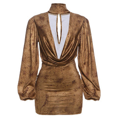 Cowl neck long sleeve high neck ruched mini dress