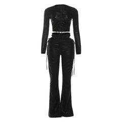 Long sleeve drawstring PU leather hollow out pant set