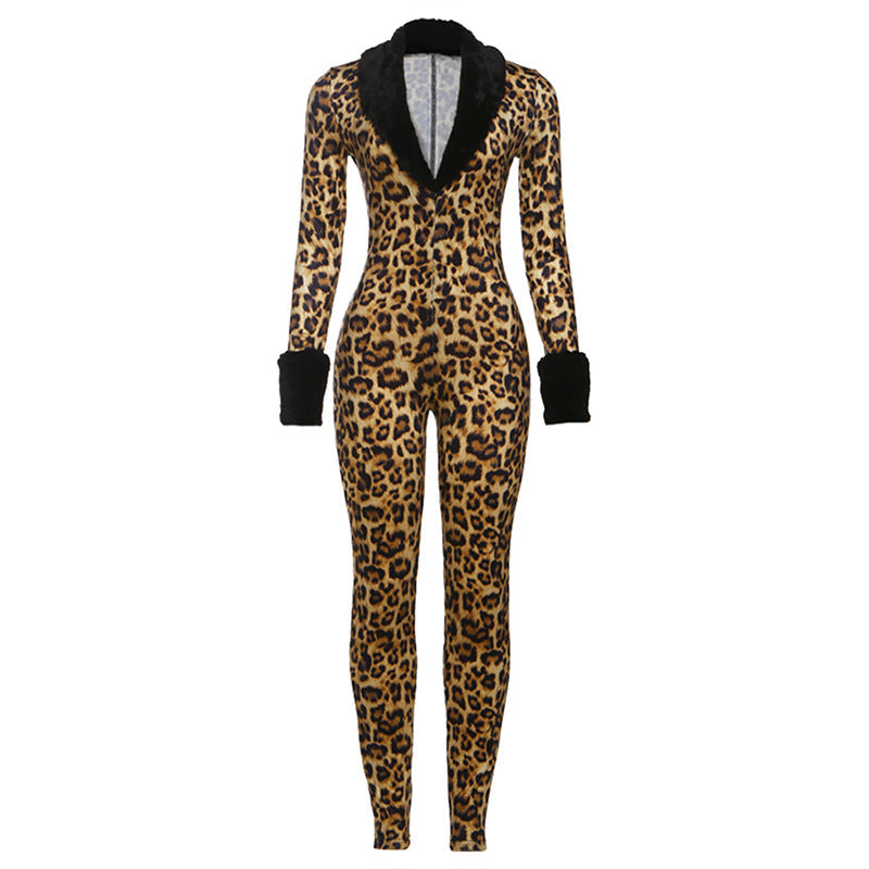 Long sleeve v neck leopard print fluffy jumpsuit