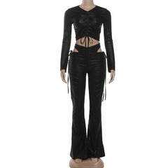 Long sleeve drawstring PU leather hollow out pant set