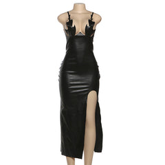 PU leather slit backless maxi dress