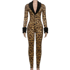 Long sleeve v neck leopard print fluffy jumpsuit