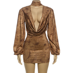 Cowl neck long sleeve high neck ruched mini dress