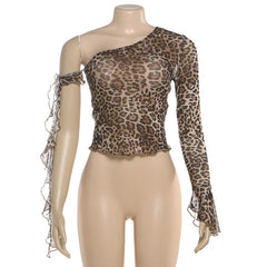 One shoulder leopard print ruffle mesh top