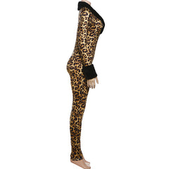 Long sleeve v neck leopard print fluffy jumpsuit