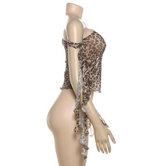 One shoulder leopard print ruffle mesh top