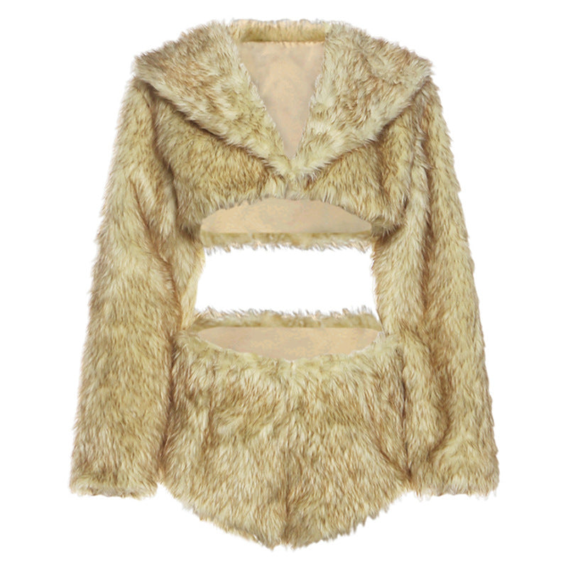 Long sleeve hoodie fluffy crop short pant set
