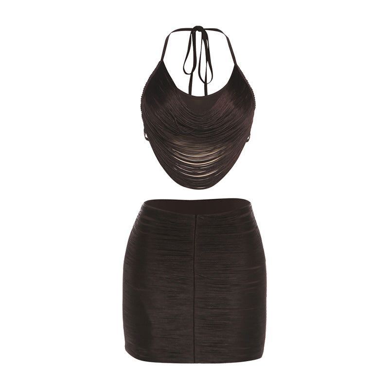 Halter backless self tie mini skirt set