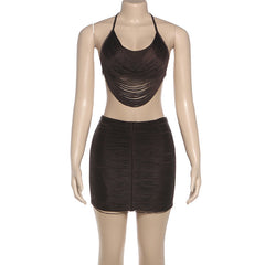 Halter backless self tie mini skirt set