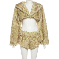 Long sleeve hoodie fluffy crop short pant set