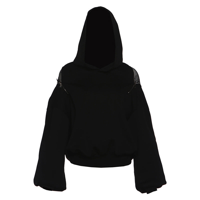 Hoodie long sleeve zip-up fishnet top