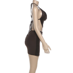 Halter backless self tie mini skirt set