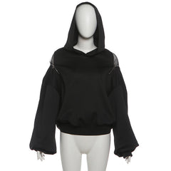 Hoodie long sleeve zip-up fishnet top