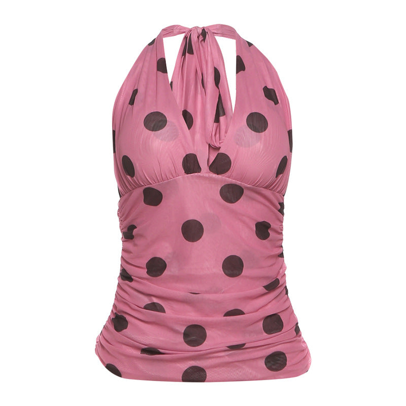 Halter v neck polka dot mesh top
