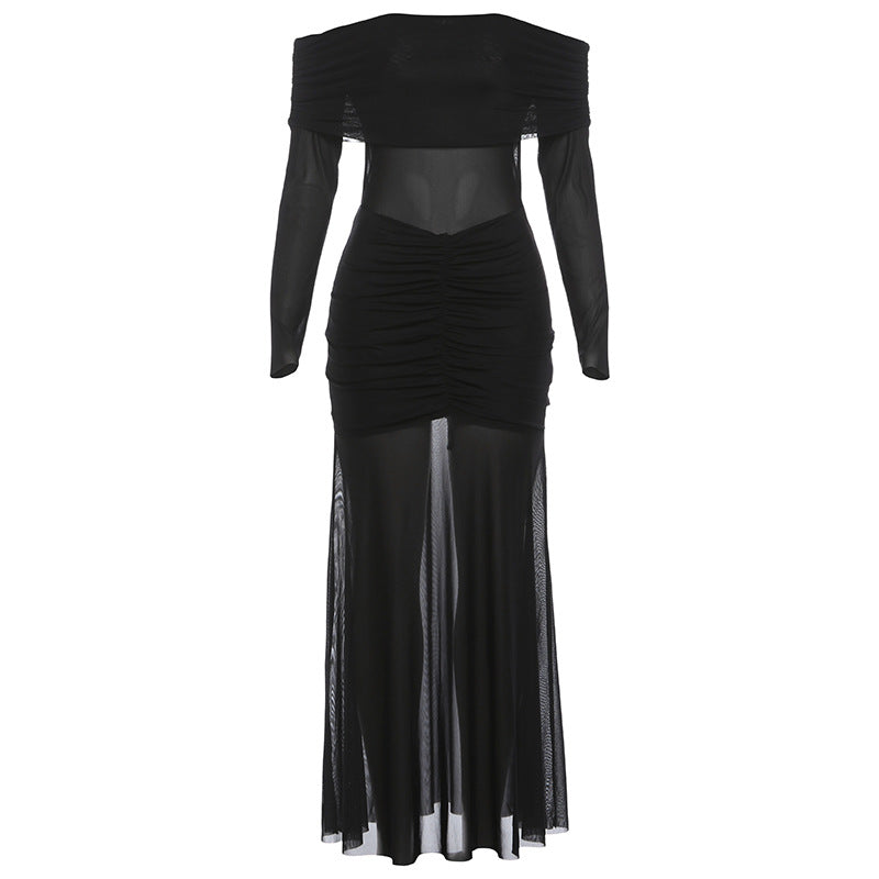 Off shoulder mesh patchwork long sleeve ruched maxi dress