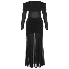 Off shoulder mesh patchwork long sleeve ruched maxi dress